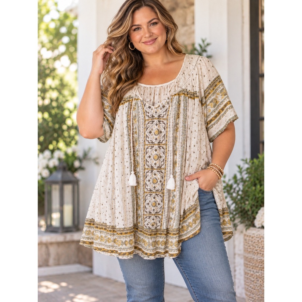 Lucky Brand Women 3X Linen Blend Boho Peasant Top Tassel Lace Cream Yellow Grey